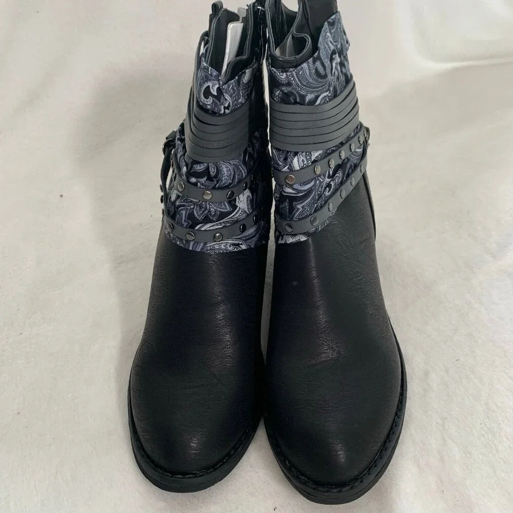 NEW Nature Breeze Ankle Boots Women 11 Black Paisley Studded Strappy‎ Block Heel